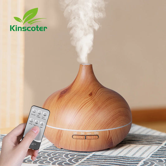 Diffuseur d'huiles essentielles d'aromathérapie de haute qualité 500 ml, humidificateur d'air à ultrasons avec télécommande en grain de bois et lumière 7 couleurs