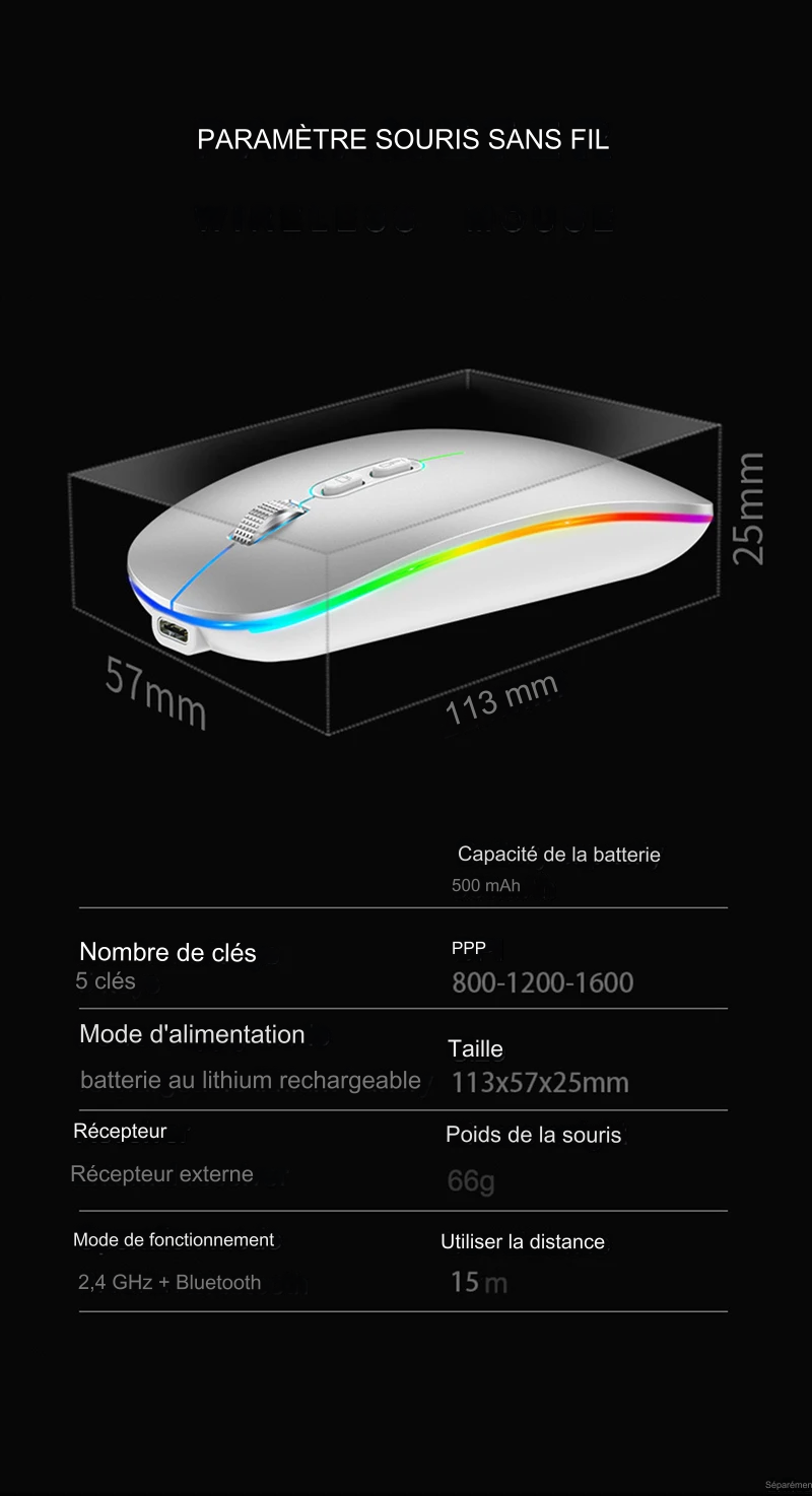 SOURIS SANS FIL BLUETOOTH 2.4G à double mode, fonction de bureau en un clic,  rétroéclairée, rechargeable et silencieuse