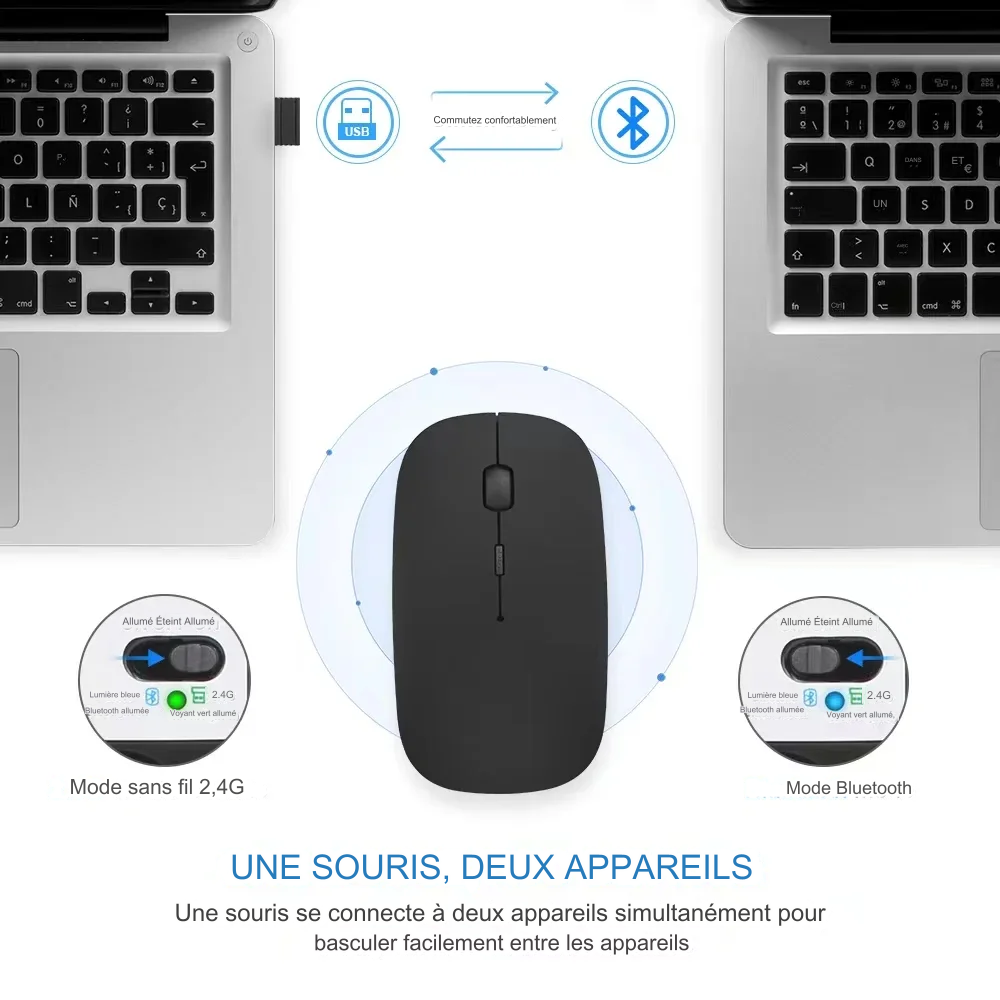 SOURIS D'ORDINATEUR BIMODES rechargeable compatible Bluetooth 2,4 GHz avec nano-récepteur pour ordinateur portable et bureau