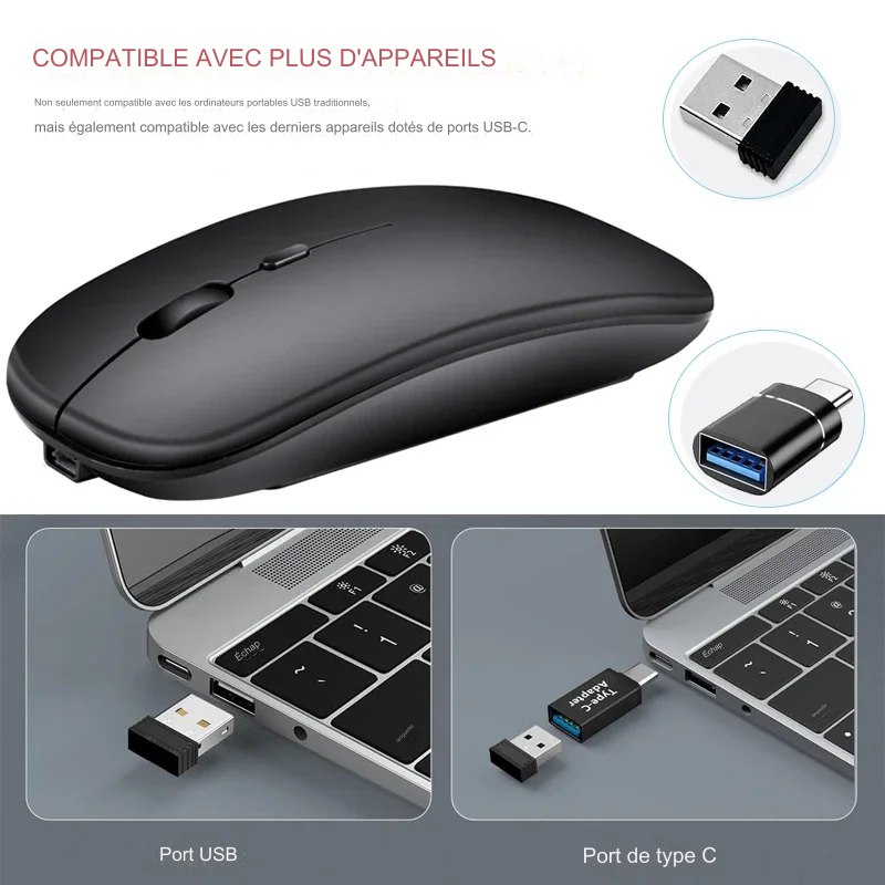 SOURIS D'ORDINATEUR BIMODES rechargeable compatible Bluetooth 2,4 GHz avec nano-récepteur pour ordinateur portable et bureau