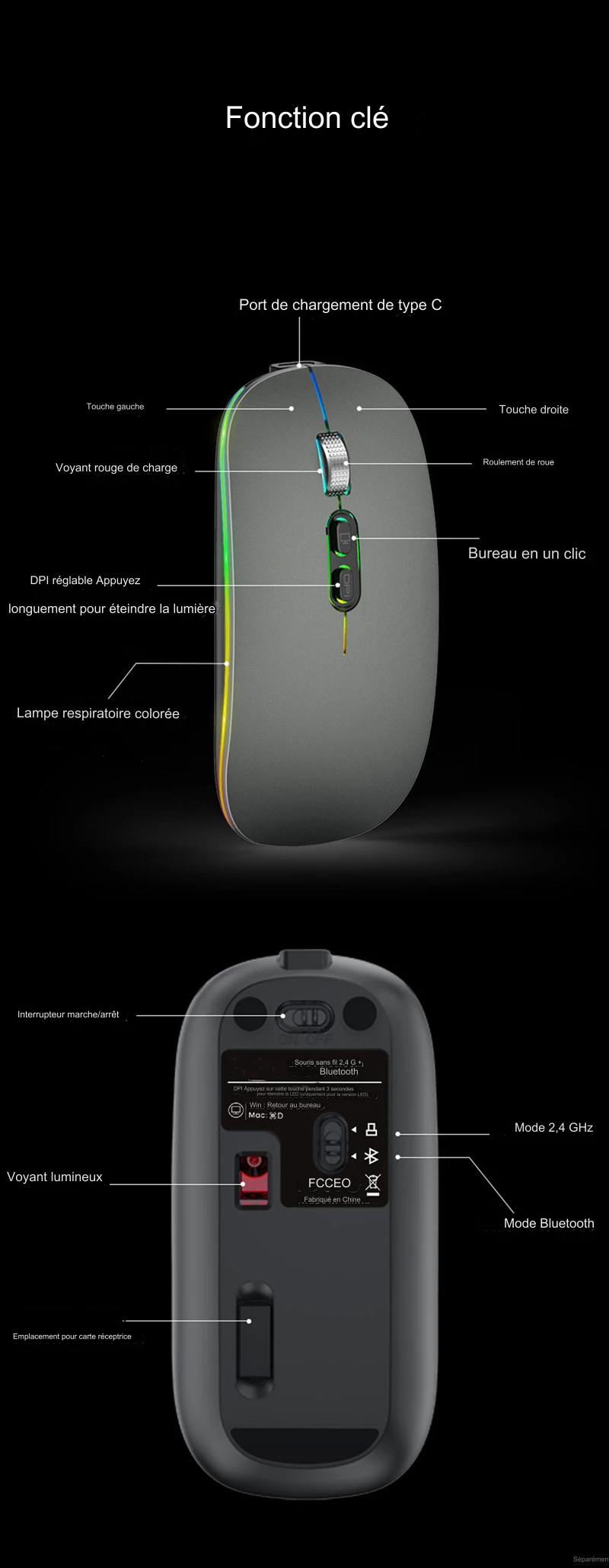 SOURIS SANS FIL BLUETOOTH 2.4G à double mode, fonction de bureau en un clic,  rétroéclairée, rechargeable et silencieuse