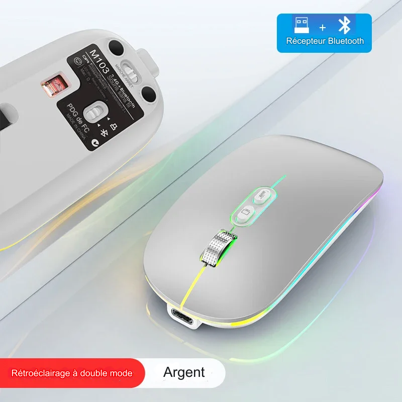 SOURIS SANS FIL BLUETOOTH 2.4G à double mode, fonction de bureau en un clic,  rétroéclairée, rechargeable et silencieuse