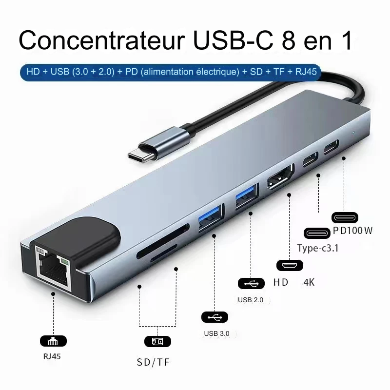 ADAPTATEUR USB 8 en 1 Type C 3 1 vers 4K HDTV Hub avec lecteur de carte SD TF RJ45 PD