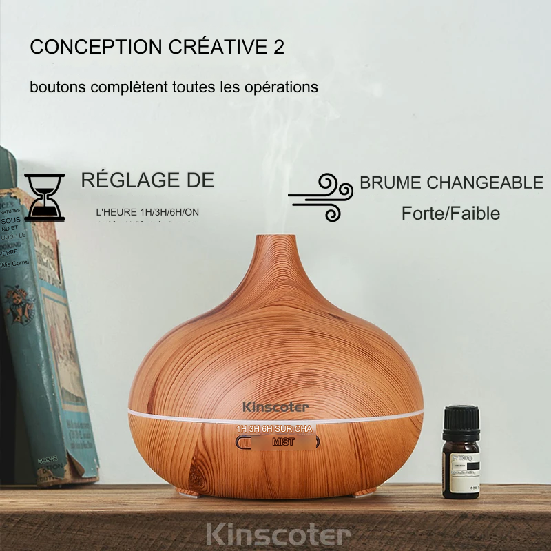 Diffuseur d'huiles essentielles d'aromathérapie de haute qualité 500 ml, humidificateur d'air à ultrasons avec télécommande en grain de bois et lumière 7 couleurs