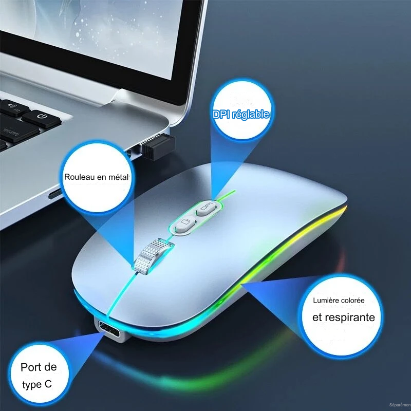 SOURIS SANS FIL BLUETOOTH 2.4G à double mode, fonction de bureau en un clic,  rétroéclairée, rechargeable et silencieuse