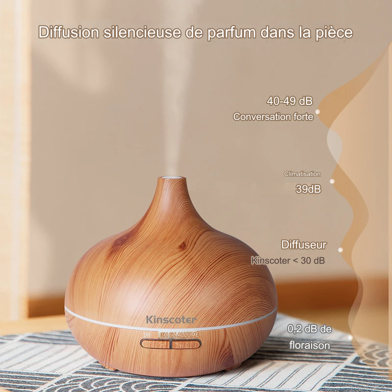 Diffuseur d'huiles essentielles d'aromathérapie de haute qualité 500 ml, humidificateur d'air à ultrasons avec télécommande en grain de bois et lumière 7 couleurs