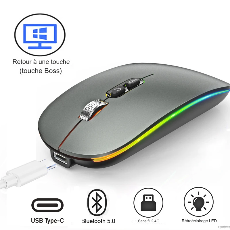 SOURIS SANS FIL BLUETOOTH 2.4G à double mode, fonction de bureau en un clic,  rétroéclairée, rechargeable et silencieuse