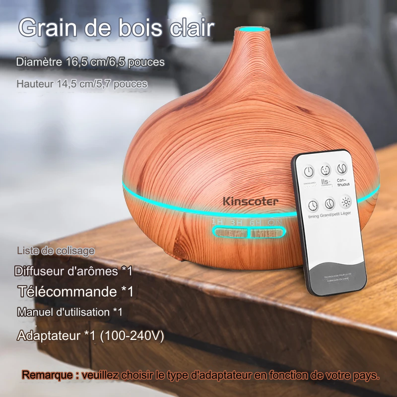 Diffuseur d'huiles essentielles d'aromathérapie de haute qualité 500 ml, humidificateur d'air à ultrasons avec télécommande en grain de bois et lumière 7 couleurs