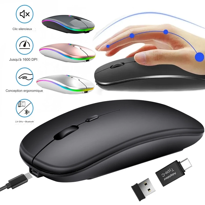 SOURIS D'ORDINATEUR BIMODES rechargeable compatible Bluetooth 2,4 GHz avec nano-récepteur pour ordinateur portable et bureau